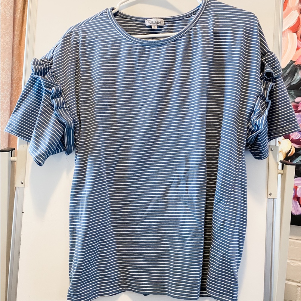 Ruffle sleeve Sweet Salt tee blue and white